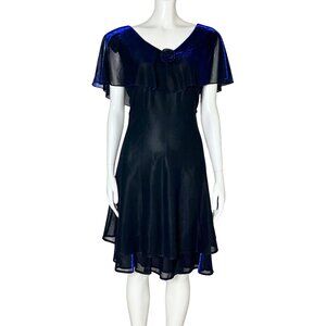 Vintage 90s Blue Black Iridescent Short Sleeve Cocktail Party Dress Retro Medium